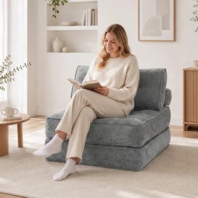 Poltrona-Cama Individual, 100 x 95 x 84 cm, Convertível 3 em 1, Cinzento-Claro
