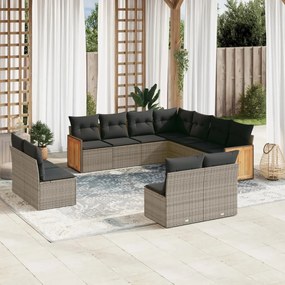 11 pcs conjunto sofás de jardim c/ almofadões vime PE cinzento