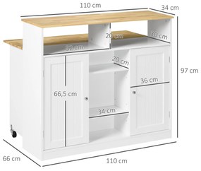 HOMCOM Ilha de Cozinha com Rodas Carrinho de Cozinha com Bancada de Madeira de Borracha Dobrável 2 Portas e Prateleiras Abertas 110x66x97 cm Branco e Madeira