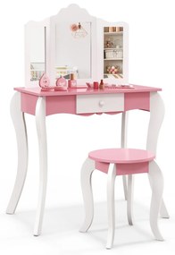 Toucador e banco de madeira para crianças com espelho de 3 painéis e gaveta rosa e branco