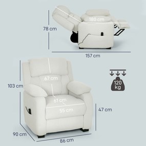 Poltrona relax elétrica, reclinável, com porta USB, apoio para os pés, bolsos laterais e comando à distância, 86x90x103 cm, cor creme