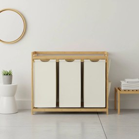 Cesto da roupa suja com 3 compartimentos, bambu 150 L, 93,8 x 33,8 x 78 cm branco