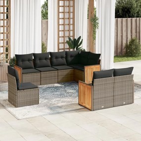 8 pcs conjunto sofás de jardim c/ almofadões vime PE cinzento