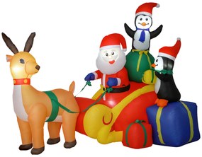 Outsunny Pai Natal Insuflável com Trenó Pinguins e Renas Insufláveis de Natal com Luzes LED Decoração de Natal 180x120x155 cm Multicor | Aosom Portugal