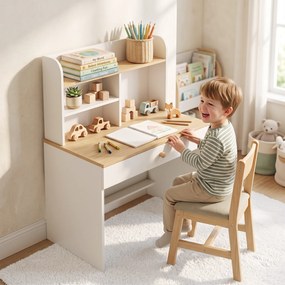 Secretária Infantil com Prateleira (CADEIRA NÃO INCLUIDA), 3 Compartimentos e Gaveta – Mesa de Estudo 80x50x100 cm, Branco, 3-8 Anos