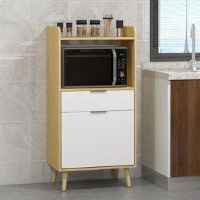 Móvel de apoio para micro-ondas com armário, gaveta e prateleira ajustável, 58 x 40 x 118 cm, em tons naturais e branco