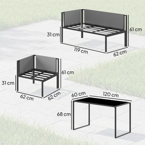 Conjunto de jardim com sofá de canto para exterior, 6 peças, almofadas de 10 cm, mesa alta e 2 apoios para os pés, cinzento