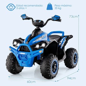 Moto 4 para crianças a bateria 12V com velocidade regulável Luzes LED Música Pedal 3-8 anos 94 x 60 x 73 cm Azul