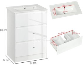 Móvel de Casa de Banho com Lavatório Armário Casa de Banho de Cerâmica Sintética com 2 Gavetas 61x37x88 cm Branco Brilhante