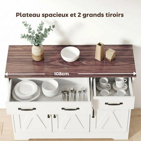 Aparador de cozinha 108 x 40 x 81 cm, móvel de arrumação com 3 portas de estilo celeiro, 2 gavetas e prateleiras ajustáveis, branco, castanho