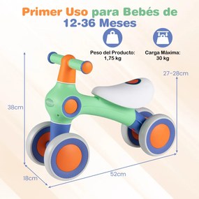 Bicicleta de equilíbrio para crianças com 4 rodas, montagem rápida, assento ajustável 1-3 anos, Verde
