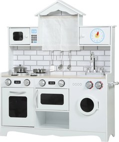 Cozinha de Madeira com Som Cozinha de Brincar com Acessórios em Aço Inoxidável Máquina de Lavar Micro-Ondas, Lava-Loiça 79,5x24x94 cm Branco