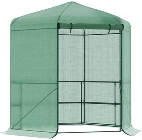 Outsunny Estufa de Jardim Hexágono 194x194x215cm Estufa com 6 Prateleiras Porta Enrolável e Estrutura de Aço Galvanizado para Cultivos de Plantas Vasos de Flores Verde