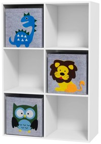ZONEKIZ Estante para Brinquedos com 6 Compartimentos e 3 Caixas de Tecido não Tecido e Desenho de Animais 61,8x29,9x91,5 cm Branco e Cinza