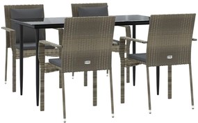5 pcs conjunto jantar jardim c/ almofadões vime PE preto/cinza