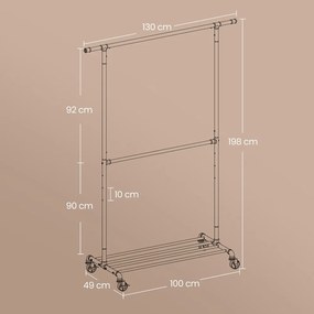 Guarda roupa aberto 49 x 130 x 198 cm, cabide com 2 barras para roupas com rodas preto