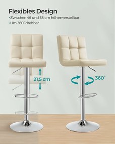 Conjunto de 2 bancos de bar 43 x 44,5 x (95-115) cm, ajustáveis em altura e com encosto bege areia