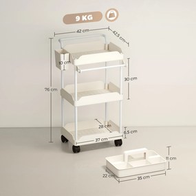 Carrinho Auxiliar com Rodas de 3 Níveis com Cestos Extraíveis Suporte para Toalhas e Estrutura de Metal 42x42,5x76 cm Branco