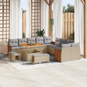 Conjunto de Sofá de Jardim vidaXL com Almofadas Bege Rattan Poliéster Acácia