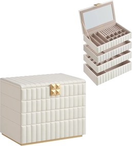 SONGMICS HOME Coleção ANAH - Caixa de joias empilhável com espelho, organizador de joias com 4 níveis, superfície de PU com costura, efeito flutuante, 17 x 28 x 20,5 cm, ideia de presente, branco nuvem JBC181W01