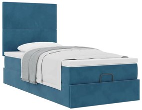 Estrutura cama otomana com colchões azul escuro 90x190cm veludo