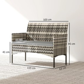 Sofá de jardim de 2 lugares em resina trançada com almofadas 115 x 63 x 85 cm, sofá de exterior com braços cinzento mesclado