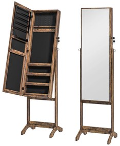 HOMCOM Espelho Joalheiro de Pé com Ângulos Ajustáveis Fechadura Magnética Organizador de Joias com Prateleiras 46x36,5x151,5cm Marrom Rústico