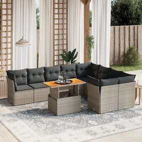 10 pcs conjunto sofás de jardim c/ almofadões vime PE cinzento