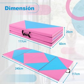 Colchão de ginástica dobrável Tapete de tumbling em couro PU com fechos para ioga 240 x 117 x 5 cm Azul e Rosa