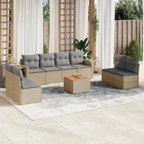 9 pcs conj. sofás jardim c/ almofadões vime PE bege misturado