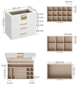 Caixa para jóias 4 níveis com tampa de vidro 15,3 x 25,1 x 21,5 cm Branco nuvem