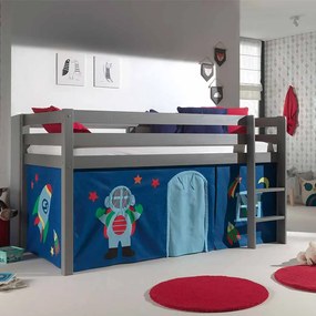 Conjunto Cama alta de Criança PINO 90 x 200 cm + estrado + escada + cortina Astronauta Cinzenta
