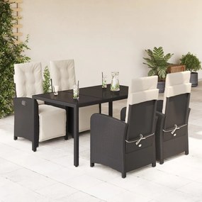 5 pcs conjunto de jantar p/ jardim c/ almofadões vime PE preto