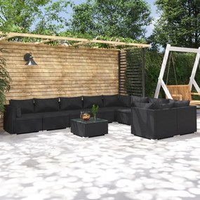 vidaXL 10 pcs conjunto lounge de jardim c/ almofadões vime PE preto