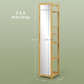 Armário de coluna para casa de banho com 6 prateleiras em bambu com espelho, 6 prateleiras, natural, 35 x 35 x 168 cm