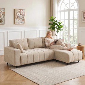 Sofá Chaise Longue Reversível de 3 Lugares com 2 Almofadas Tecido Efeito Linho Estrutura em Aço 242x156x87 cm Bege