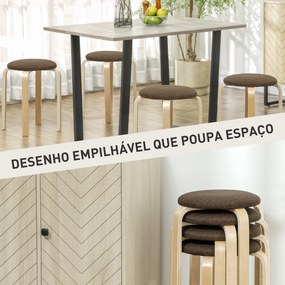Conjunto de 4 Bancos Empilháveis Redondos (MESA NÃO INCLUIDA) Bancos Baixos de Cozinha com Assento Acolchoado Ø40x45 cm Castanho e Madeira