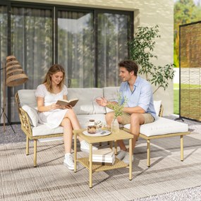 Conjunto de Jardim Exterior em Vime com 1 Sofá de Dois Lugares 1 Espreguiçadeira e 1 Mesa de Centro Madeira e Creme