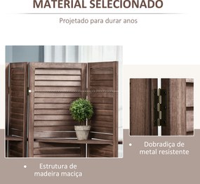 Biombo Dobrável de 4 Painéis de Madeira 162x170 cm Divisória de Ambiente com 3 Prateleiras Nogueira