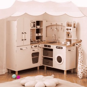Cozinha de brincar de canto em madeira 96 × 91 × 105 cm com frigorífico de porta dupla, cafeteira, máquina de lavar roupa, 12 acessórios, luzes e sons