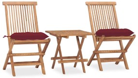vidaXL 3 pcs conj. jantar dobrável exterior c/ almofadão teca maciça