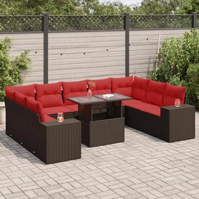 10 pcs conj. sofás jardim c/ almofadões vime PE/acácia castanho