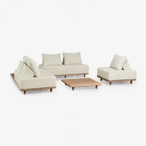 Conjunto De Sala Com Sofá Modular De Canto De 2 Peças, Mesa Auxiliar, Poltrona E Mesa De Centro 95x95 Cm Em Acácia Portet Marrom Acácia Claro - Sklum