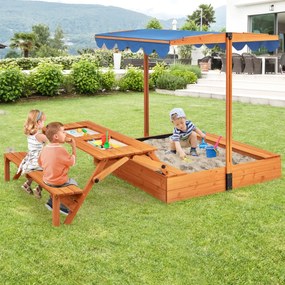 Caixa de areia de madeira para 3+ anos com mesa e banco dobráveis, guarda-sol ajustável e giratório, natural e azul