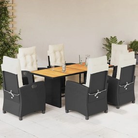 vidaXL 7 pcs conjunto de jantar p/ jardim c/ almofadões vime PE preto