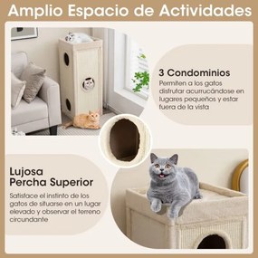 Casa para gatos com 3 cavernas e 3 esconderijos 40 x 40 x 99 cm, painéis para arranhar em sisal, cama superior com almofada removível e barril para ar