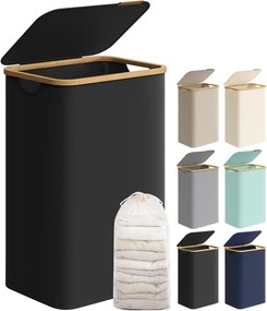SONGMICS Cesto de roupa suja com tampa, cesto grande para roupa suja, 90 L, forro de malha removível, tecido Oxford, alças de bambu, dobrável, 42 x 32 x 70,5 cm, tinta preta LCB509B01