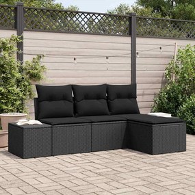 vidaXL Conjunto de Sofá de Jardim de 4 Peças com Almofadas Preto Vime PE