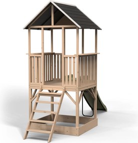 Parque exterior com casa de brincar para crianças Panorama 500 em madeira com escorrega e caixa de areia natural