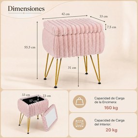Banco para Toucador com Caixa de Arrumação, 42 x 33 x 55,5 cm, Tampa Rebatível, Rosa